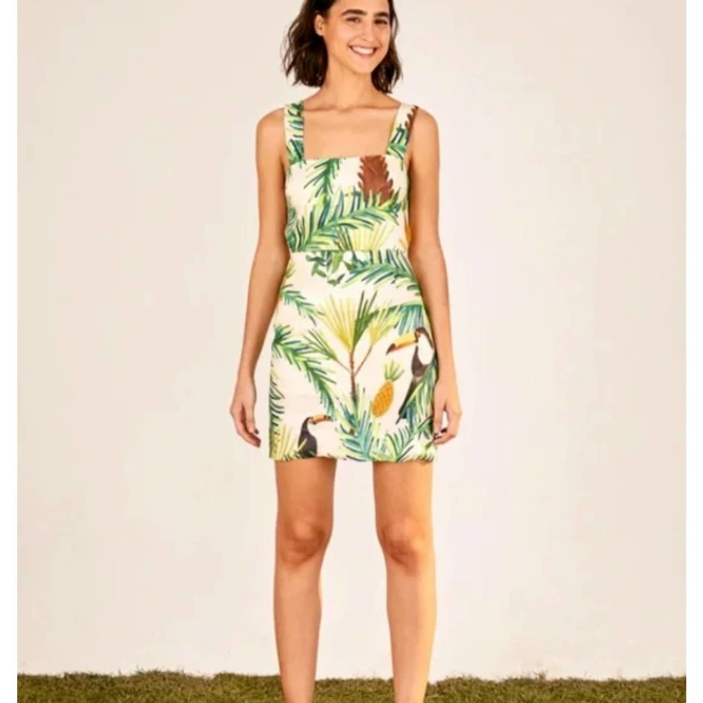 Farm Rio Toucan Paradise Back Belt Mini Dress 100% Linen Women's Size Large